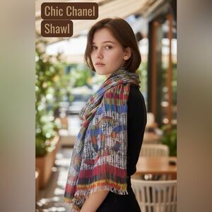 Auth Chanel Multicolor Cashmere Modal Silk Blend Striped Wrap Shawl Stole Scarf